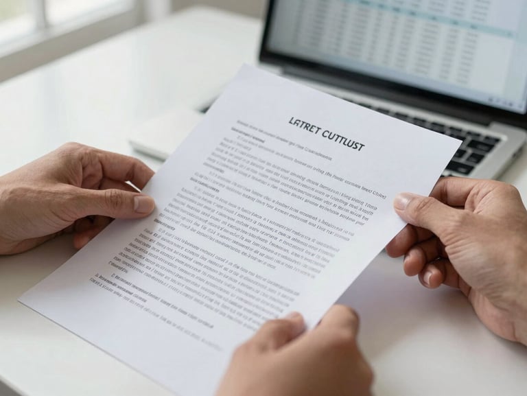 Hands reviewing printed court documents on a clean desk with a laptop screen visible in background showing a case management dashboard, bright even daylight from a window, close-up framing showing document detail and precise annotations