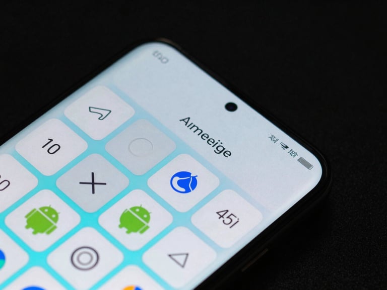 Extreme macro shot of a custom Android launcher interface on a flagship device, showing glowing cyan grid lines and minimalist widgets under dark studio lighting.