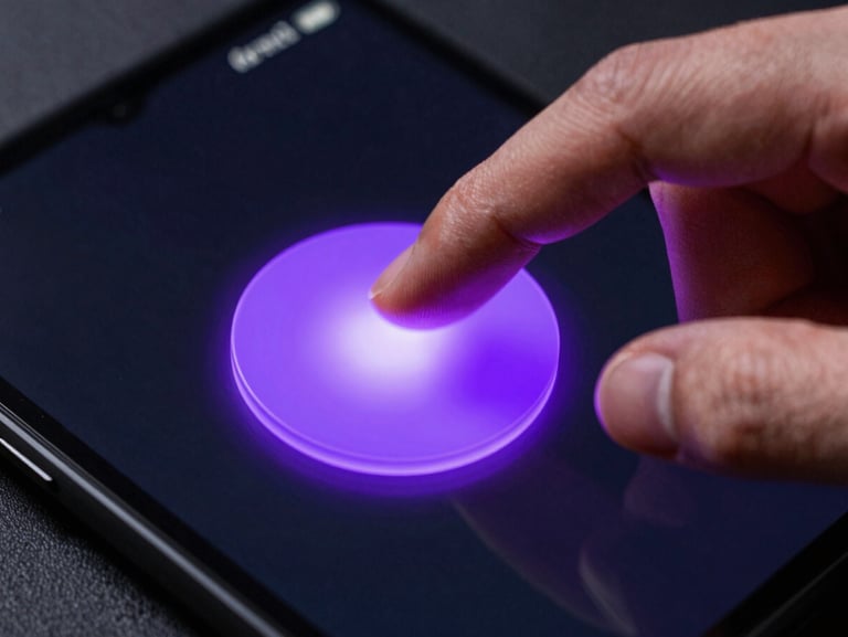 Macro close-up of a hand interacting with a vibrant purple-glowing widget on a dark Android screen, demonstrating kinetic motion blur.
