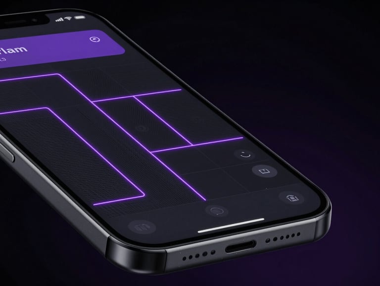 Macro shot of a high-contrast dark mobile interface mockup, glowing electric violet lines tracing the layout grid, clean technical UI components on a deep space background.