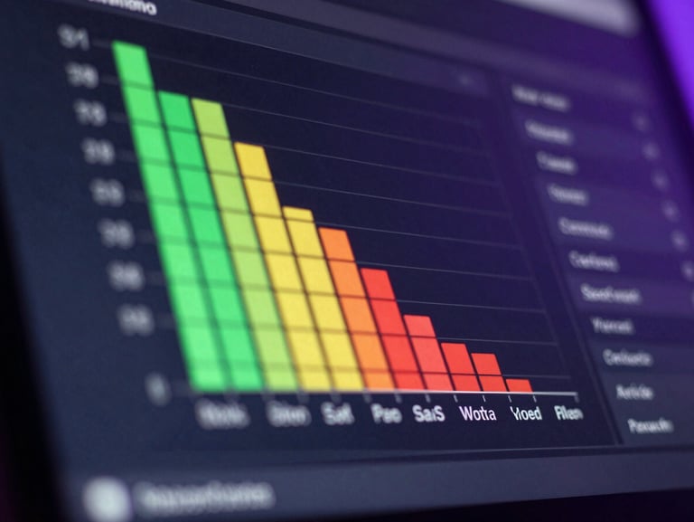 Macro shot of a dark-themed SaaS interface showing a matching matrix with green, yellow, and red probability bars next to college names, cool studio lighting with violet accents.
