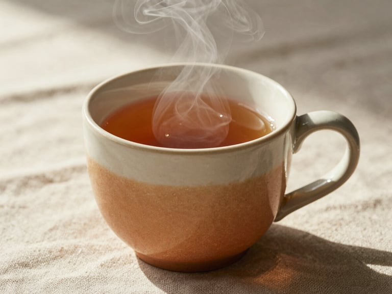 Close-up of a warm ceramic mug of tea with soft steam rising, resting on a textured linen tablecloth in morning light.