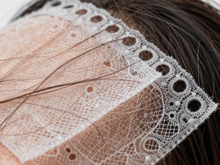 Macro shot of a delicate, medical-grade lace base with individually hand-knotted natural human hair strands, showing impeccable craftsmanship.