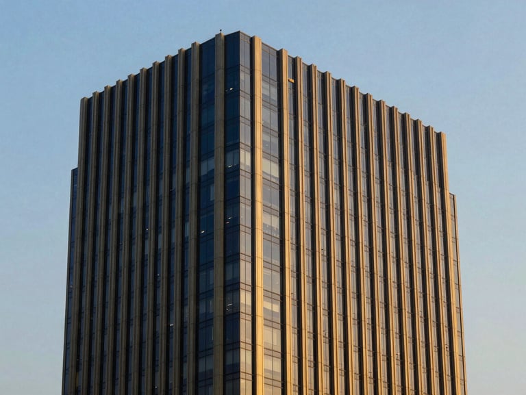 Sleek commercial corporate headquarters building in BKC Mumbai, bold architectural lines, sharp focus, professional setting.
