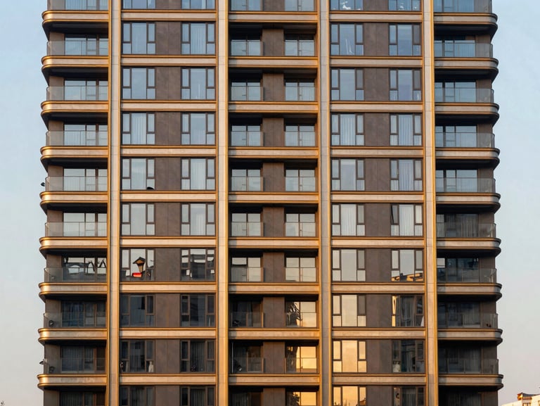 Modern luxury residential high-rise building with glass facade, golden-hour sunlight reflecting on premium materials, architectural symmetry.