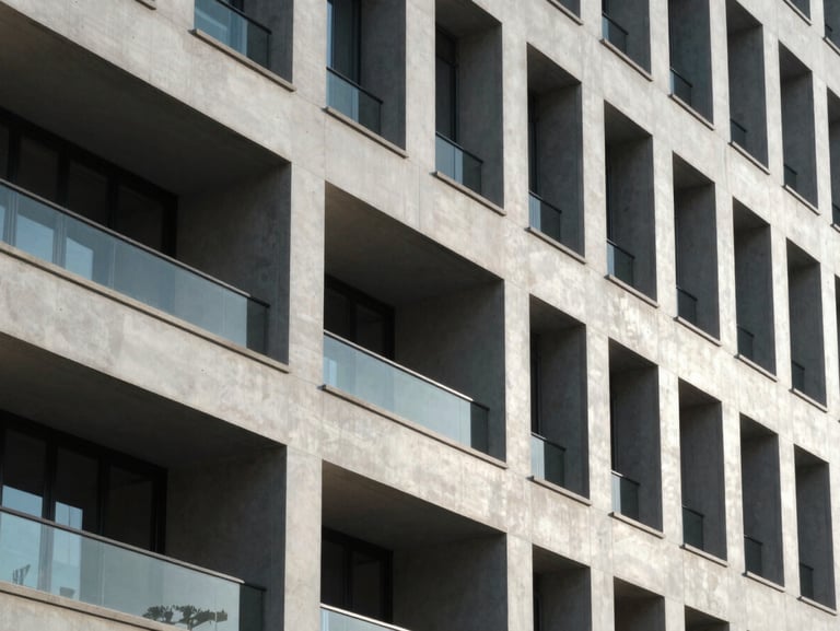 Modern architectural details showing structural alignment, cool daylight with sharp clean shadows, minimalist corporate perspective.