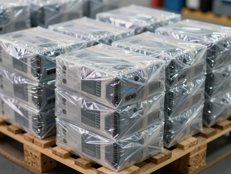 Macro detail of high-volume consumer electronics packaging, shrink-wrapped on a pallet, sharp industrial daylight.