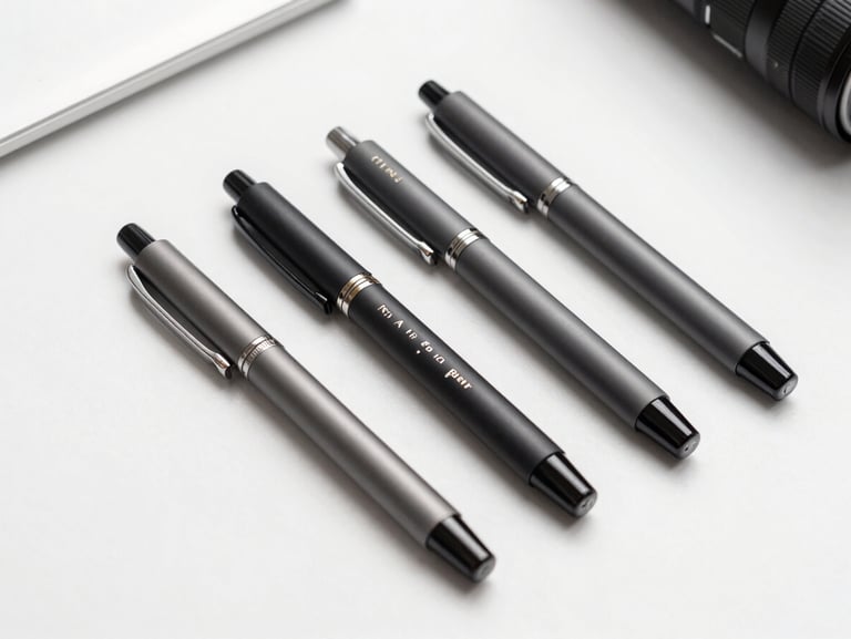 A flat-lay photograph of customized matte metal pens and precise laser engraving details on a clean white desk, bright soft studio light.