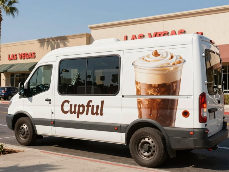 A clean branded Cupful service vehicle parked in a Las Vegas commercial district, bright morning sun, warm commercial photography, sharp focus