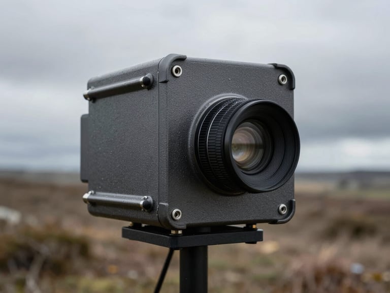 Hardened communication node in rugged overcast European terrain, cold daylight, high-contrast, sharp focus on tactile metal casing.
