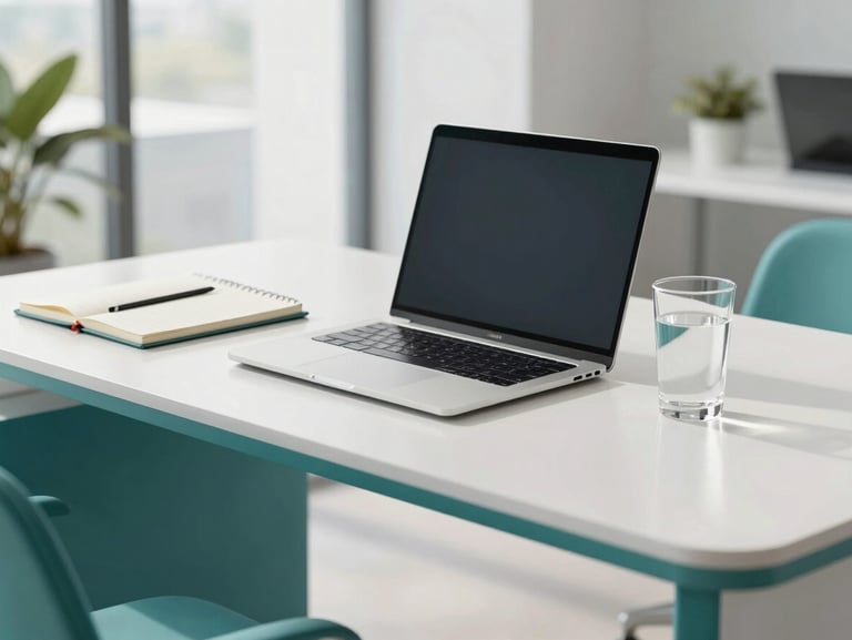 Sleek, organized modern executive desk with a laptop, notebook, and a clean glass of water, bright natural daylight, teal accents, shallow depth of field, 35mm lens.