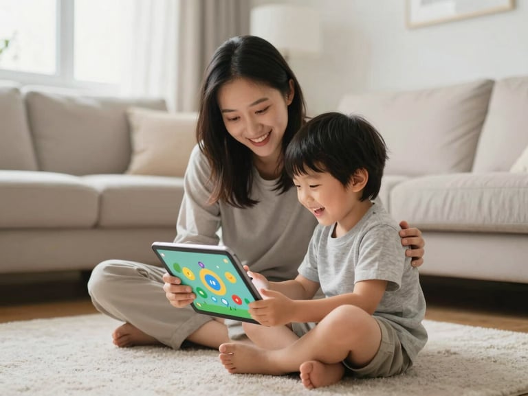 A parent and child sitting on a living room rug, laughing while interacting with a colorful therapy app on a tablet, soft natural morning light, shallow depth of field, 35mm