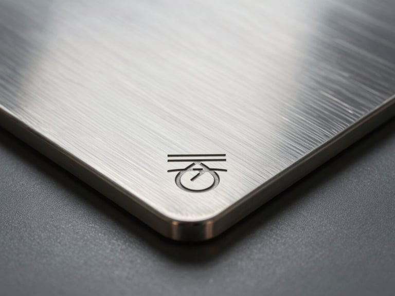 Close-up shot of a laser-engraved stainless steel plate showing clean edges and high contrast textures, cold studio lighting.