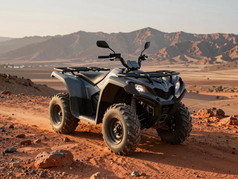Close-up wide shot of a quad bike parked on a rocky desert ridge above Sharm El Sheikh, late afternoon sun casting long shadows across red-orange sand, mountains in the background