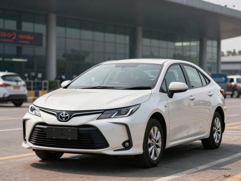 Three-quarter front view of a clean white Toyota sedan parked at a Bangalore airport pickup zone in bright morning daylight, tarmac visible, terminal facade softly out of focus in background