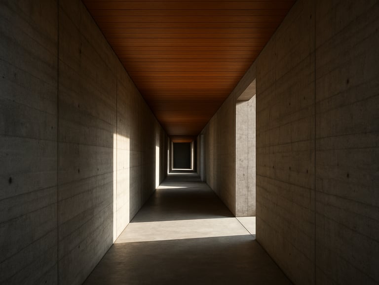 Deep perspective corridor of Casa Origen, natural light play on structural concrete walls, warm wood ceiling panels, clean lines.