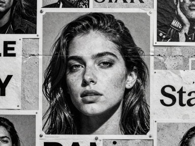 Stark close-up of wild postings layered on a textured concrete wall, high-contrast monochrome, street-level daylight.