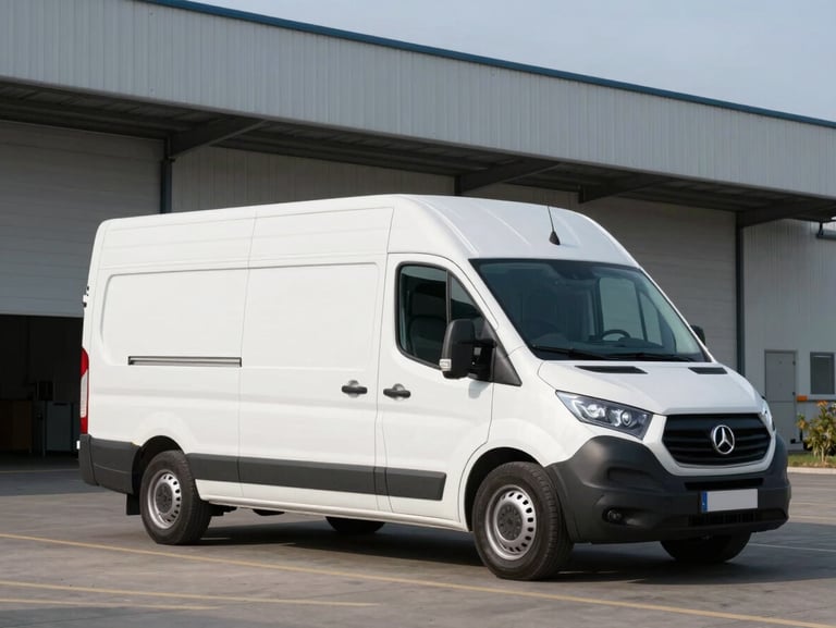 A modern white refrigerated transport van with Kühlkoffer structure parked in front of a clean industrial warehouse in Schleswig-Holstein, cool northern daylight.