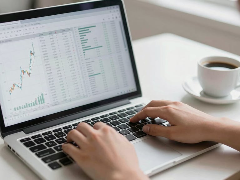 A close-up of hands typing on a modern laptop showing financial spreadsheets and charts, clean desk with a cup of coffee, soft daylight