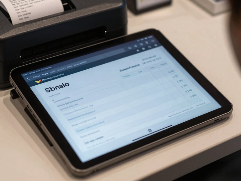 Tight shot of a tablet screen showing a billing invoice being generated on a dark-mode interface, repair line items and total visible, a POS receipt printer partially in frame at the edge of the counter, cool indoor ambient light