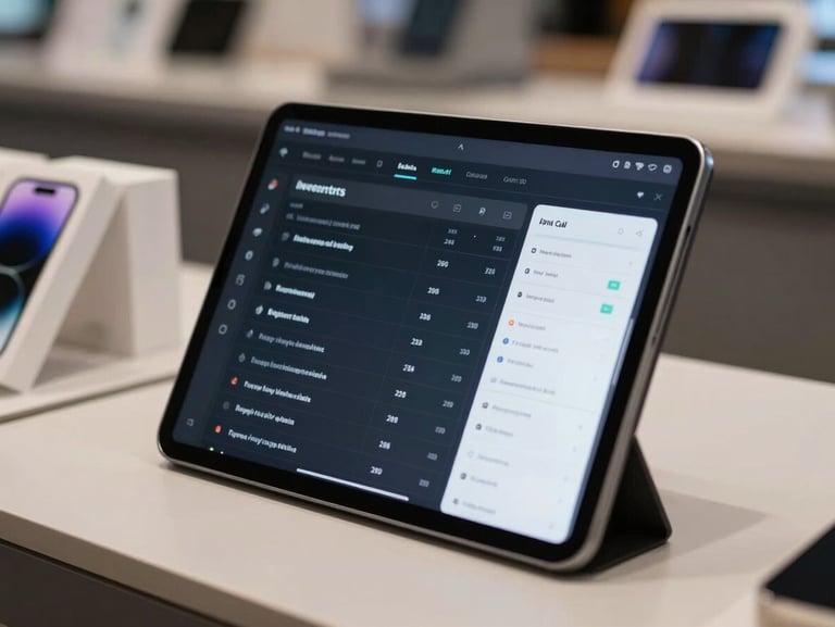 Close-up of a tablet propped on a mobile retail shop counter displaying a dark-mode SaaS dashboard UI — inventory grid, repair job status rows, and a billing summary panel visible on screen. Cool indoor ambient light. Boxed handsets stacked on shelves softly out of focus in the background. High-contrast screen, no glare.