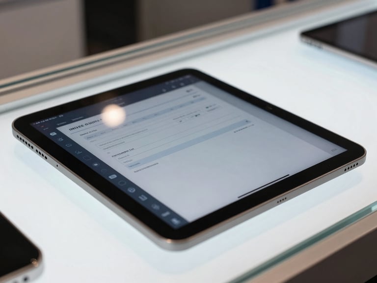 Close-up of a tablet screen on a retail counter showing a repair job entry form with IMEI field and device details, cool indoor ambient light, the glass display case edge visible beneath the tablet, high-contrast dark dashboard UI