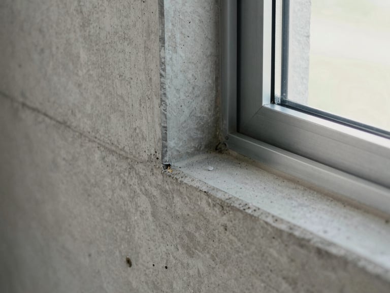Extreme close-up of a raw concrete wall junction meeting a polished steel window frame, diffused north-facing daylight revealing surface texture, no people, architectural precision detail