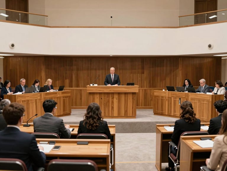 Wide shot of the legislative assembly hall during a session, warm indoor lighting, professional composition, 35mm