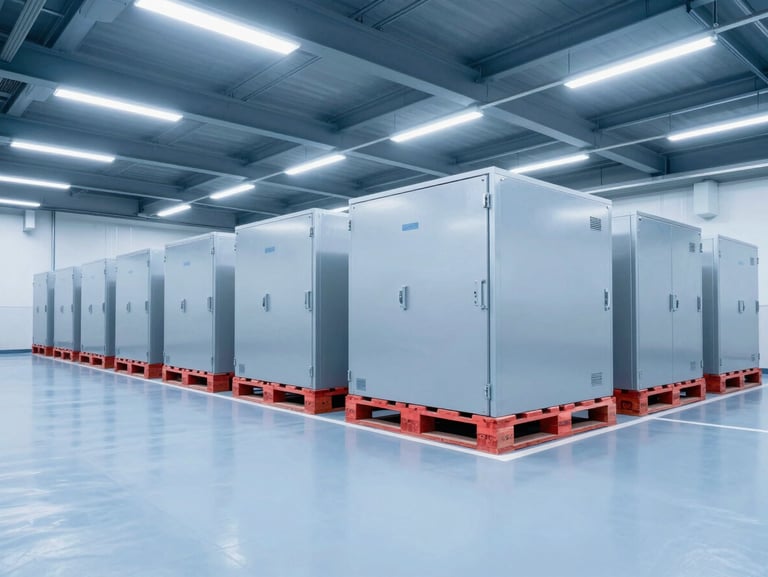 Clean interior of a modern cold-storage facility, neat rows of pallets under cool-toned industrial lighting.