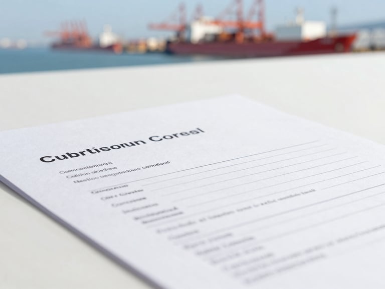 Close-up of professional customs clearance documents on a clean desk, with a soft-focus background of port operations.