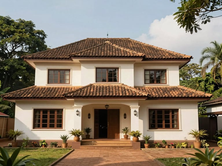 Exterior of a secure residential villa in Bangui Sica, bright natural light, green trees, tiled roof.