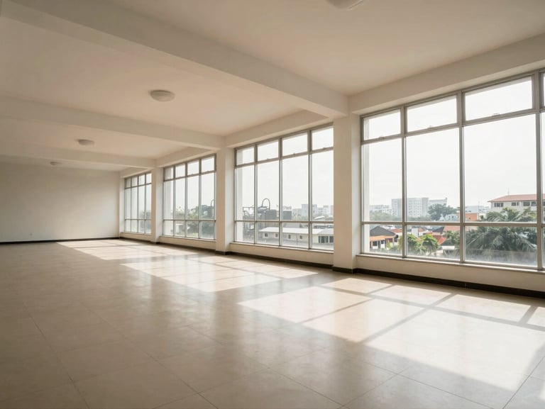 Wide angle shot of a clean commercial office space in Bangui Centre-Ville, bright windows, modern tiling.