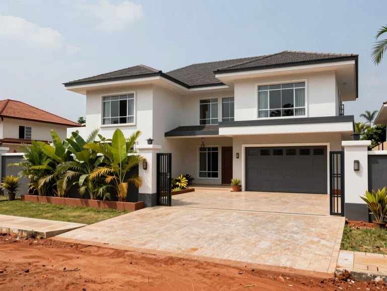 Wide-angle exterior photograph of a modern residential villa in Bangui, bright natural equatorial daylight, red laterite soil visible at the edge of the clean paved courtyard, secure gated entrance with green tropical foliage.