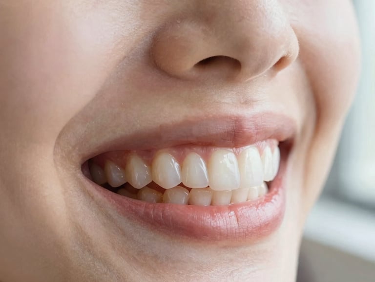 Close-up of a bright, healthy smile with bespoke porcelain veneers, soft natural window light, shallow depth of field, 35mm