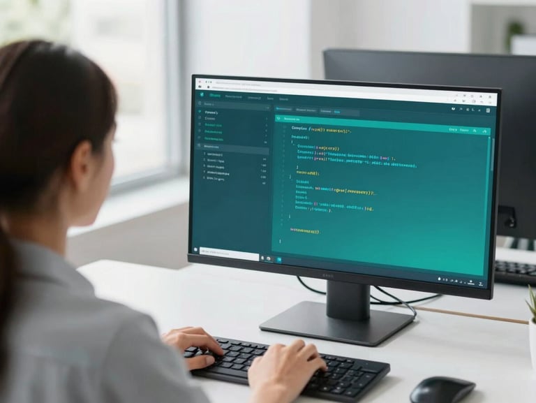 Over-the-shoulder shot of a software developer working on Odoo code, clean modern interface with teal dashboards visible, bright daylight office setting