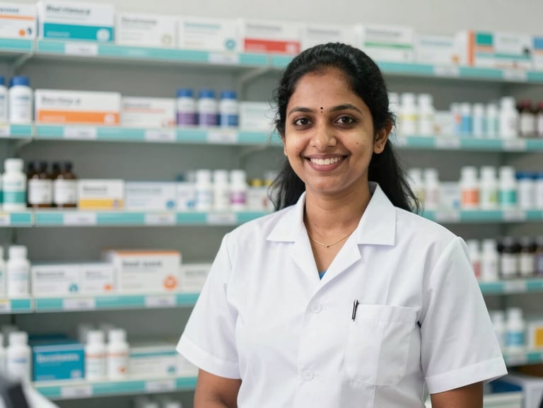 Medium shot of a friendly licensed pharmacist in Kerala, clean white uniform, smiling warmly in front of organized medicine shelves, bright natural lighting