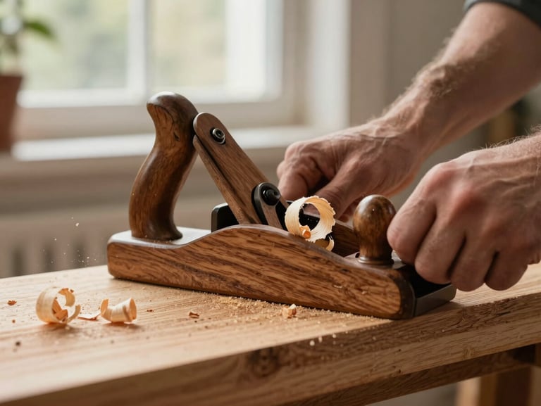 A landscape-oriented macro photograph of hands using a traditional wooden hand plane on a raw oak timber plank, fine wood shavings curling in mid-air, soft window light.