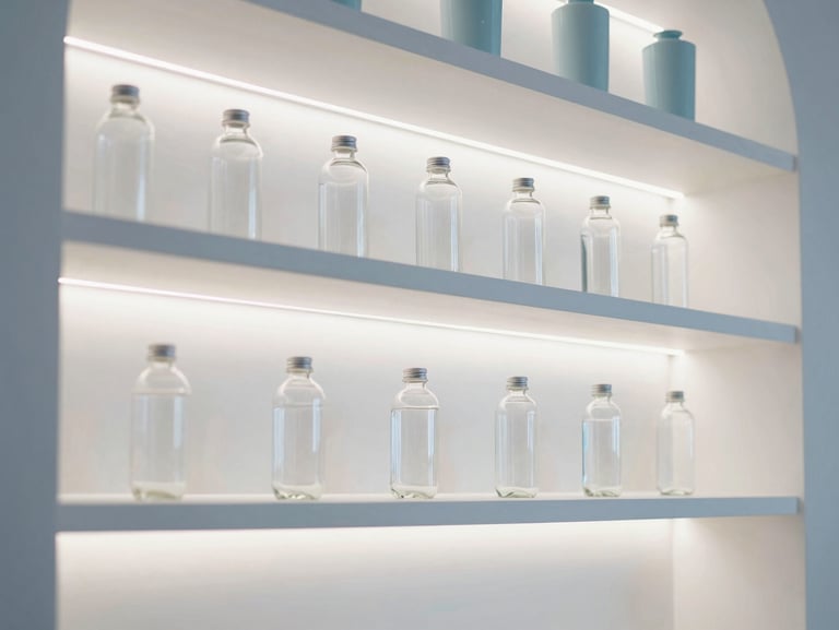 Tight macro shot of glowing interior LED shelves stocked with premium healthy drinks, pristine glass reflections, minimalist design.
