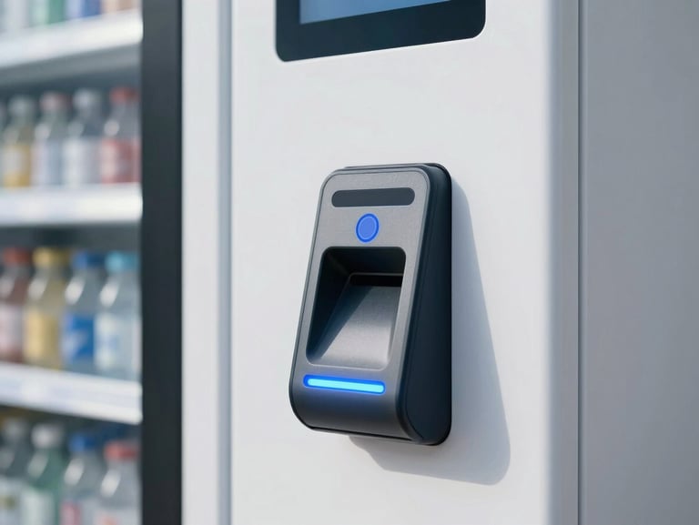 Close-up of a sleek cashless tap-to-pay interface on a modern vending machine, glowing blue LED indicator, high-end commercial aesthetic.