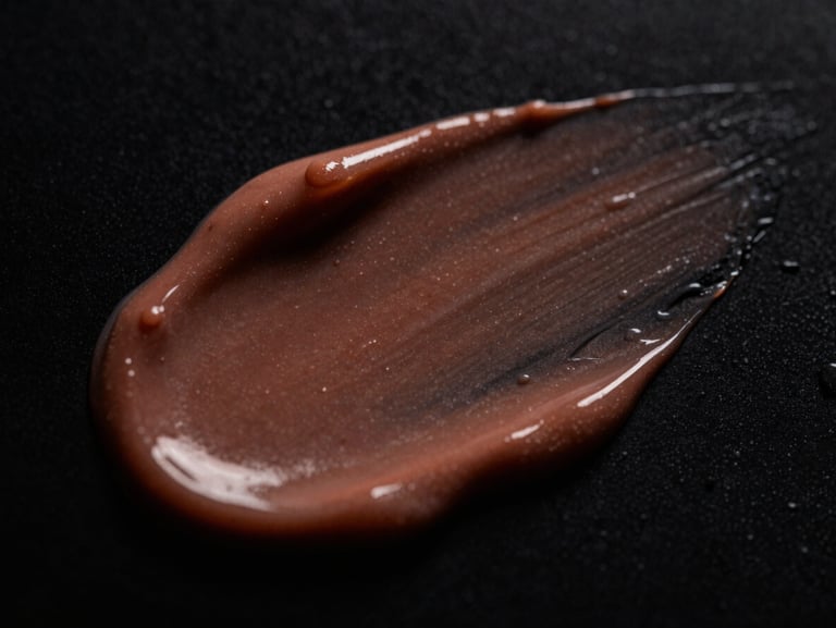 Macro close-up of rich, velvety cosmetics cream texture with wet highlights, low-key dramatic studio lighting, dark obsidian background, 85mm lens