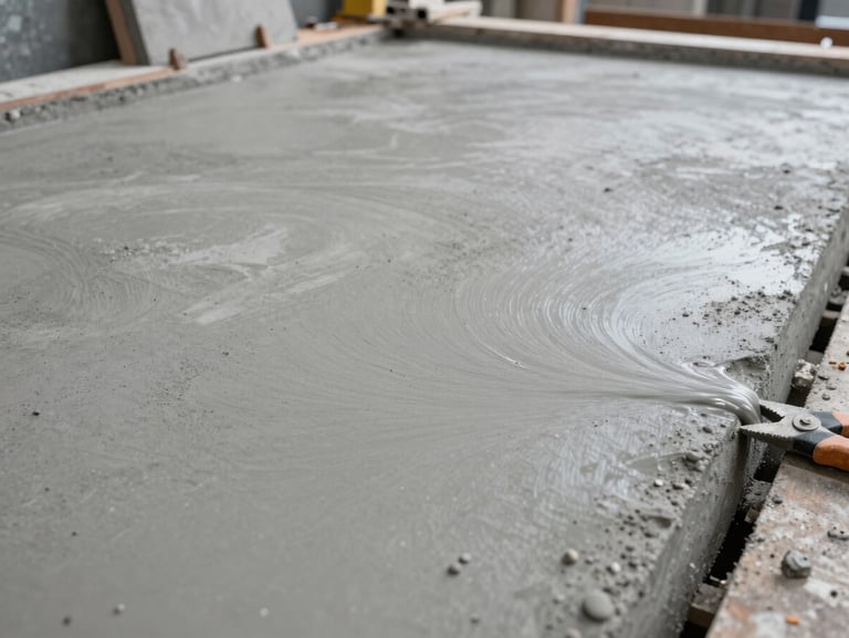 Close-up of poured industrial concrete surface, smooth grey finish with slight aggregate texture, construction tools visible at edge, overcast daylight