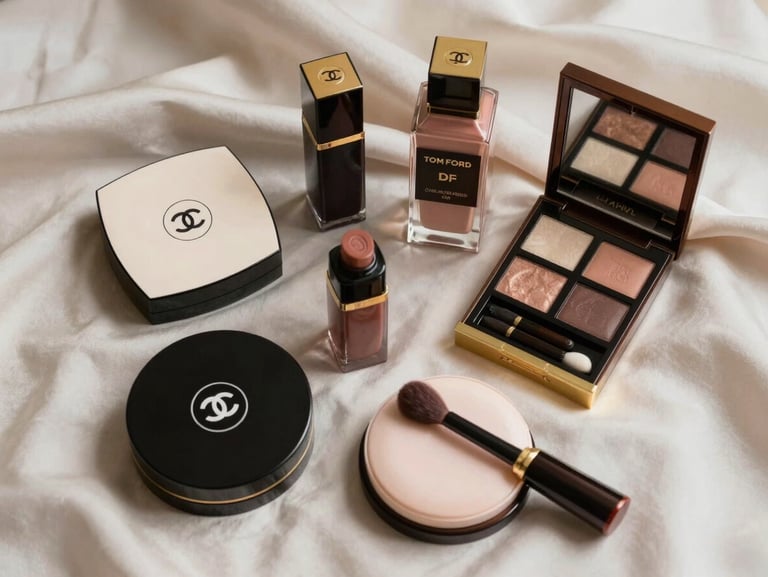 An elegant flatlay of premium makeup products including Chanel compacts and Tom Ford bottles on a soft silk background, diffuse natural light.