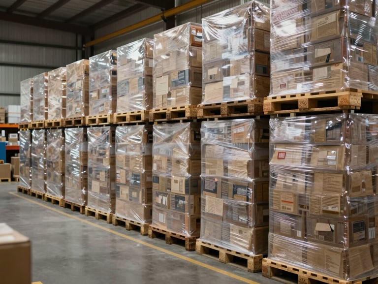 High-volume logistics warehouse interior, neatly organized pallets of finished packaging products wrapped in protective film, ready for shipping, wide environmental shot.