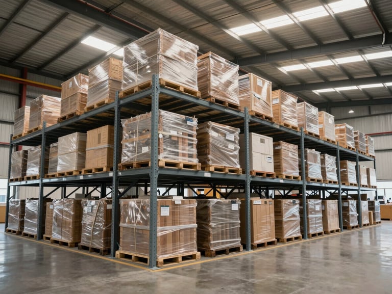 Vista amplia de un almacén industrial moderno con estanterías altas y palets organizados listos para despacho, iluminación clara y homogénea
