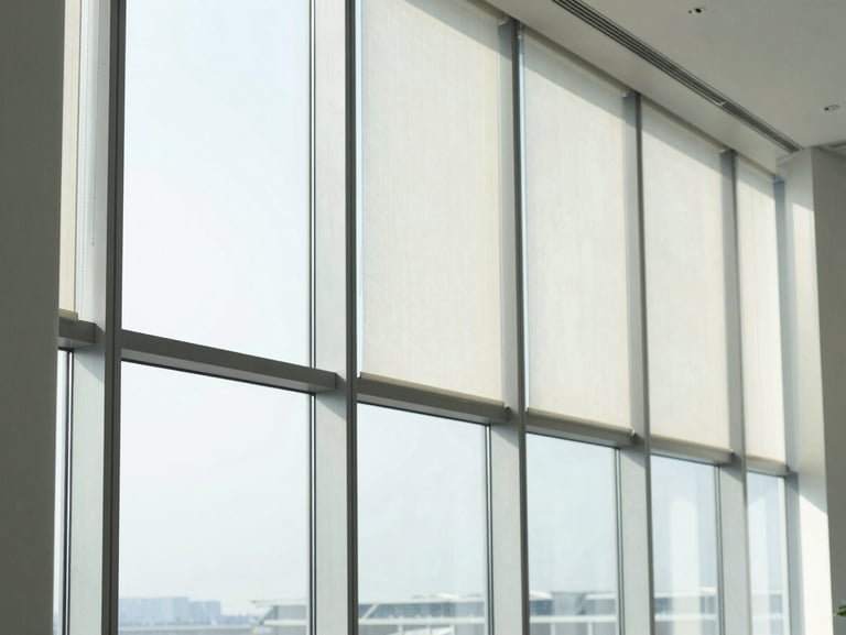 Modern floor-to-ceiling office windows featuring vertical fabric bands partially rotated to control incoming sunlight, clean architectural lines, 35mm
