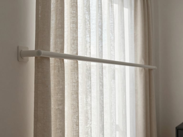 Soft natural light shining through elegant linen and cotton curtains mounted on a smooth European rail in a cozy residential living room, 35mm