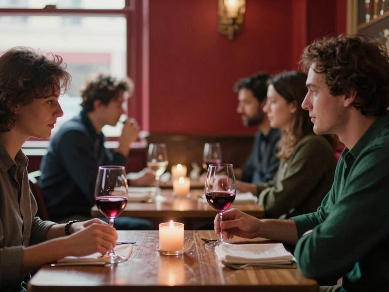 Warm, cozy bistro dining room with patrons enjoying wine, soft candlelight, rich crimson accents, cinematic editorial photography.