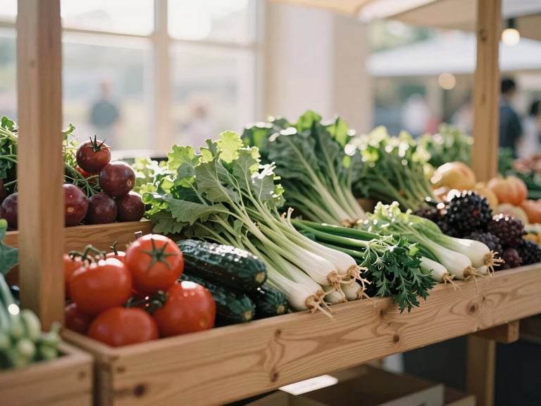 A modern open-air food market with wooden stalls, organic vegetables beautifully arranged, soft natural morning light.