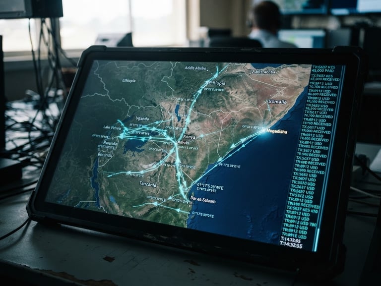 A high-fidelity digital interface showing a satellite map of East Africa, glowing cyan tracking paths, GPS coordinate overlays, and real-time transaction tickers.