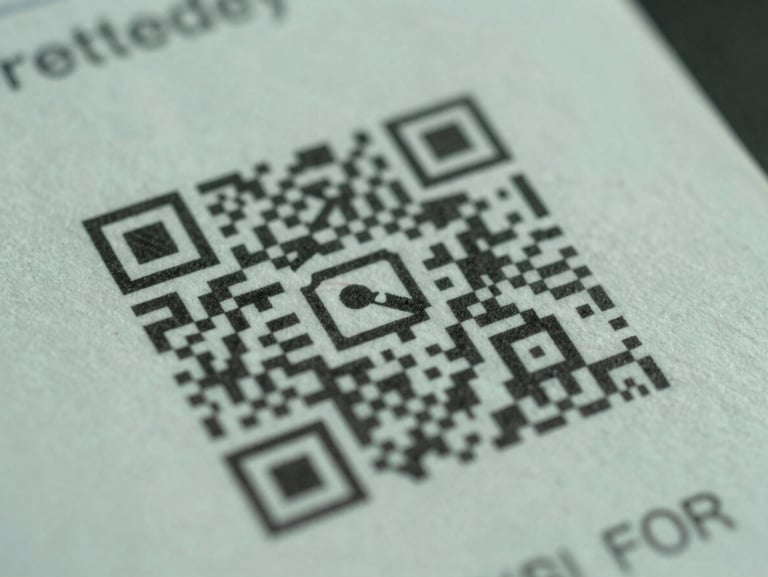 Macro close-up of a physical delivery receipt with a secure cryptographic QR code printed on textured paper, natural high-contrast daylight, sharp 35mm lens